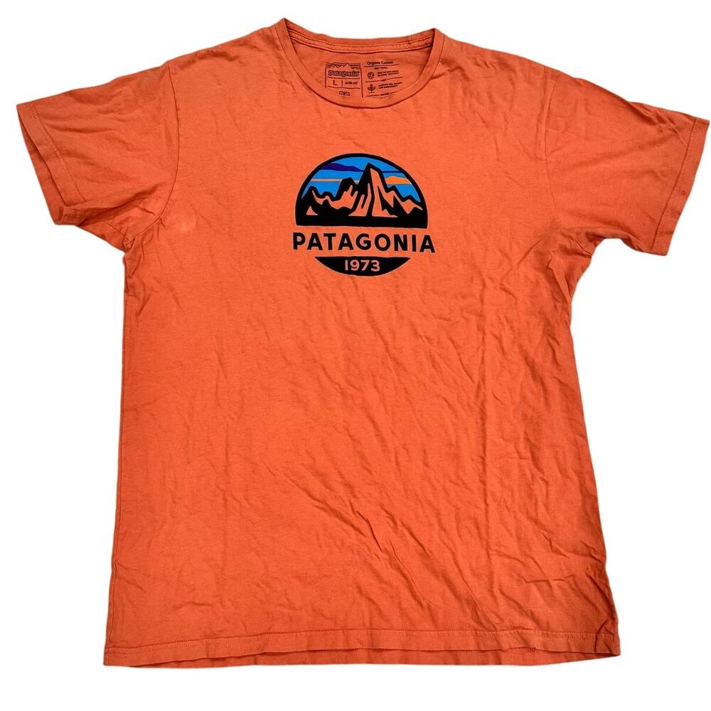 Patagonia Orange Short Sleeve Logo Tee with Blue Mountain Graphic